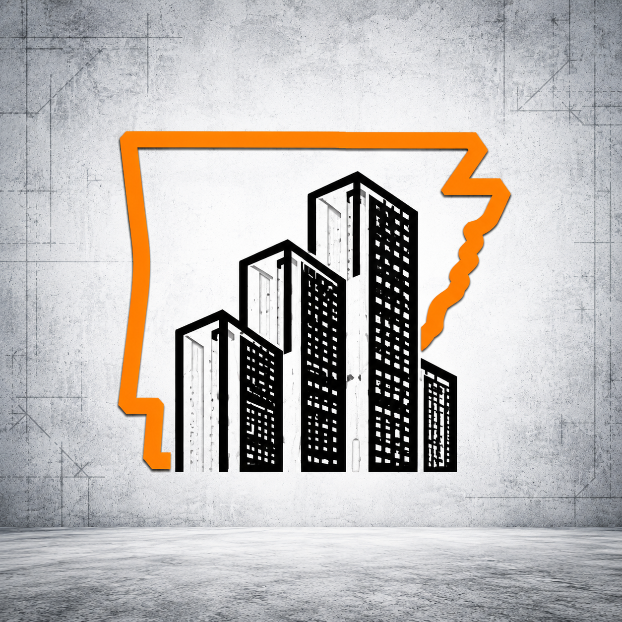 Arkansas ICF Supply logo: orange Arkansas outline surrounding insulated concrete form walls